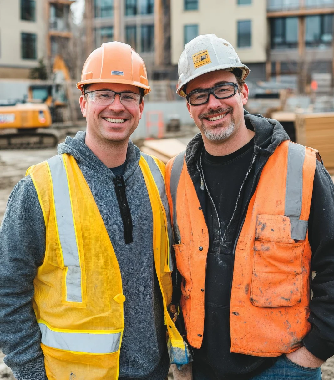 Deux professionnels du bâtiment en gilet de sécurité sur un chantier