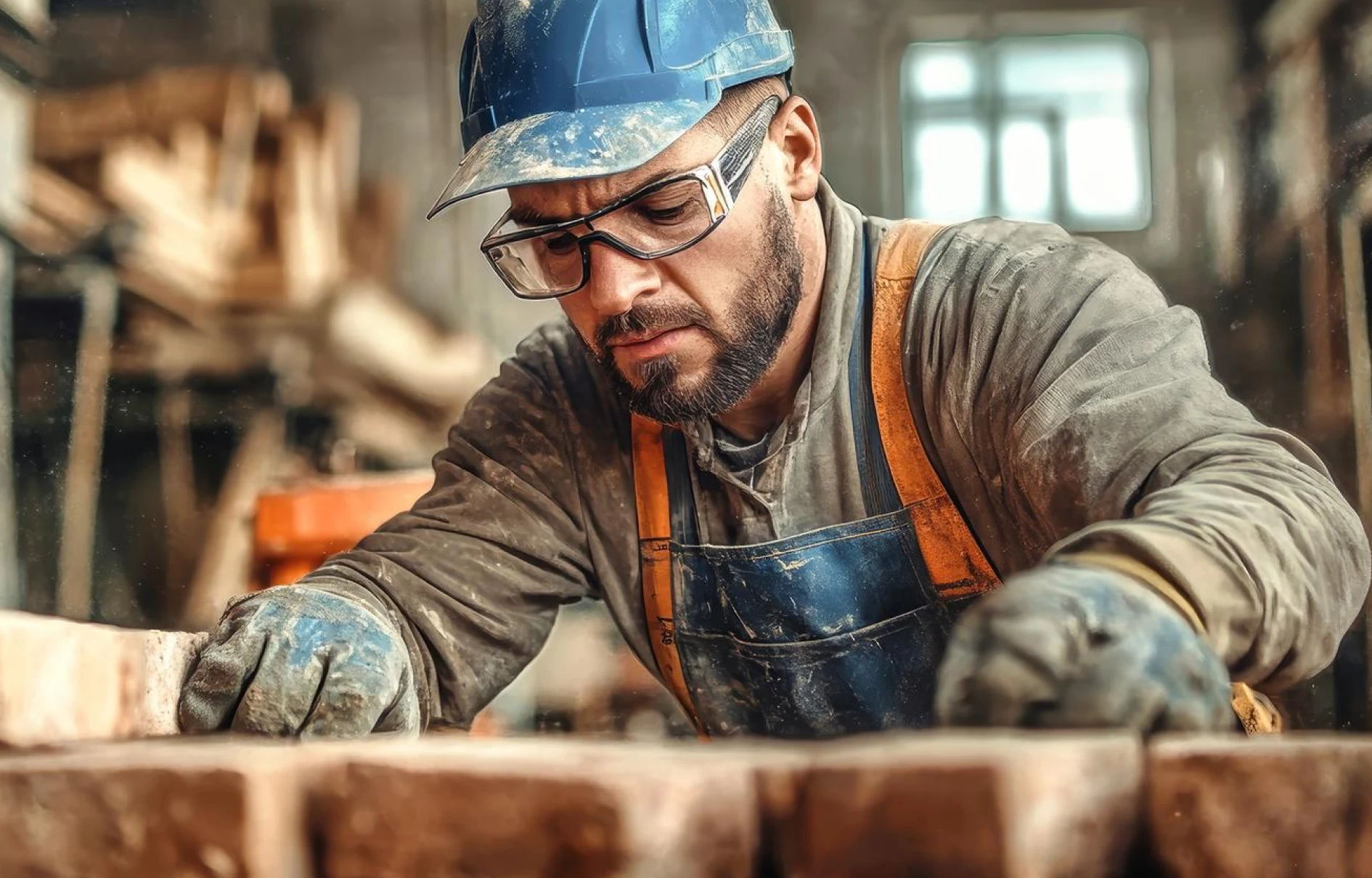 Maçon posant des briques sur un chantier